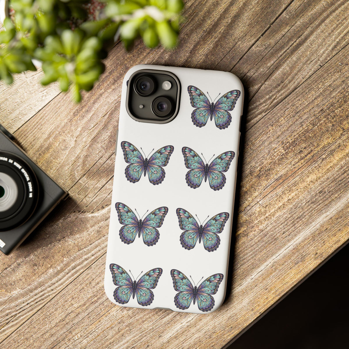 Butterfly Pattern Tough Phone Case — Vintage Teal Floral Protective Cover