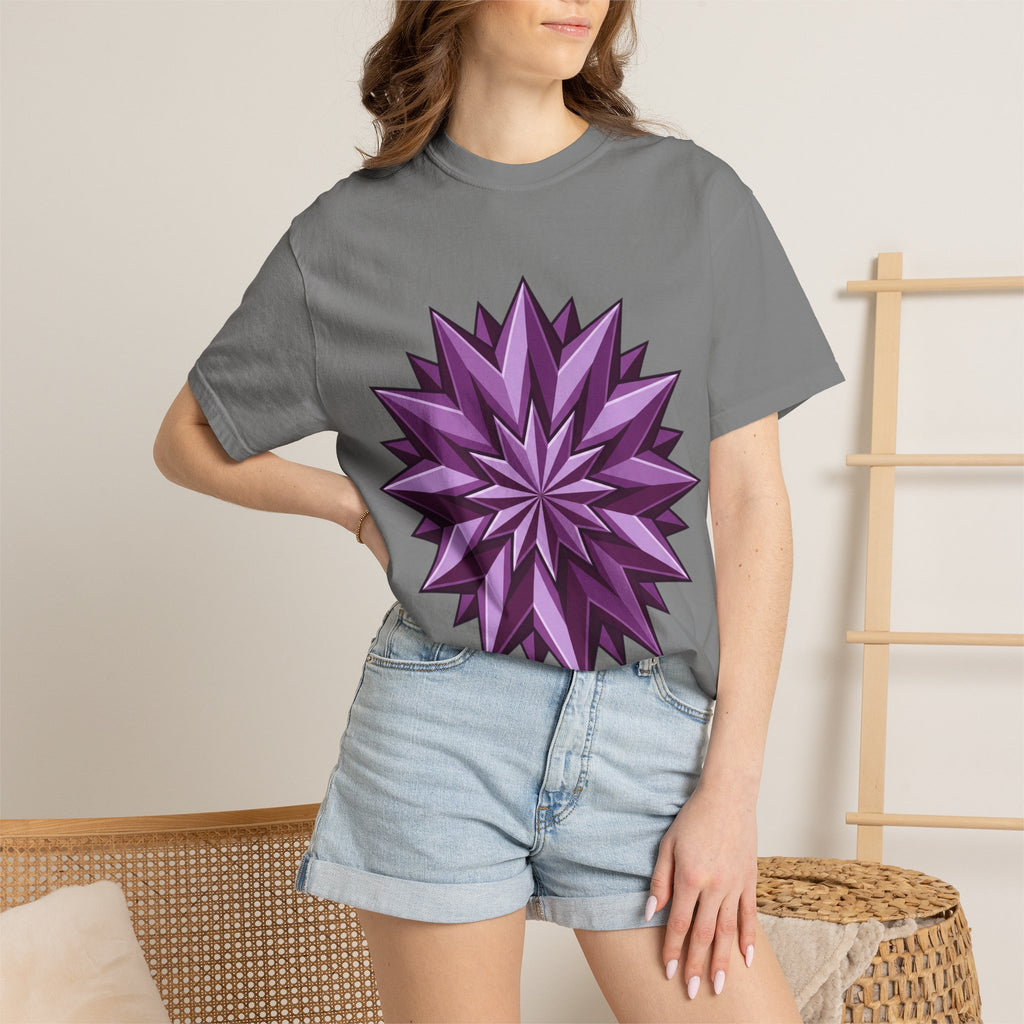 Purple Geometric Starburst T-Shirt — Bold 3D Floral Graphic Tee