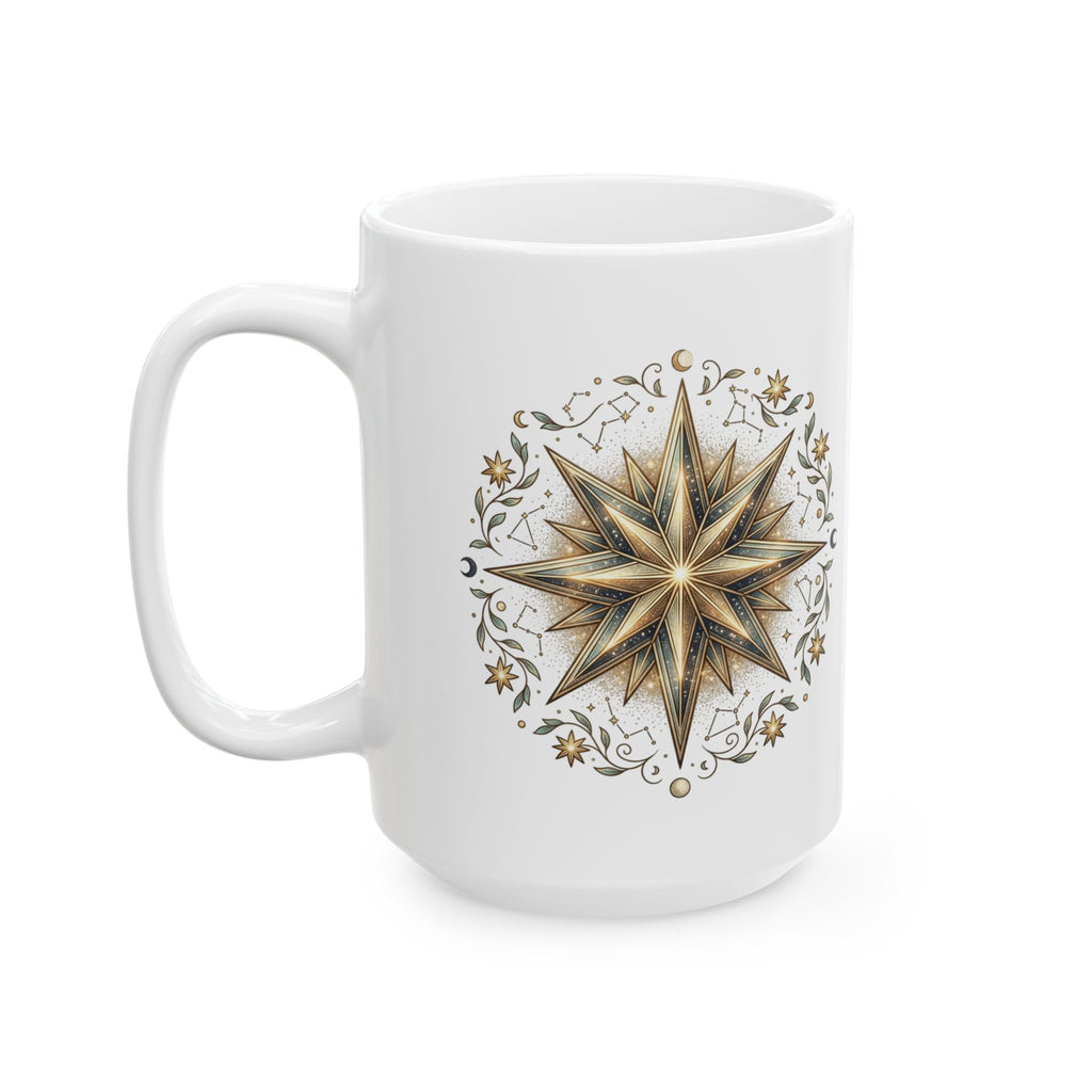 Boho Compass Ceramic Mug – Gold Sun Mandala Coffee Cup (11oz & 15oz)