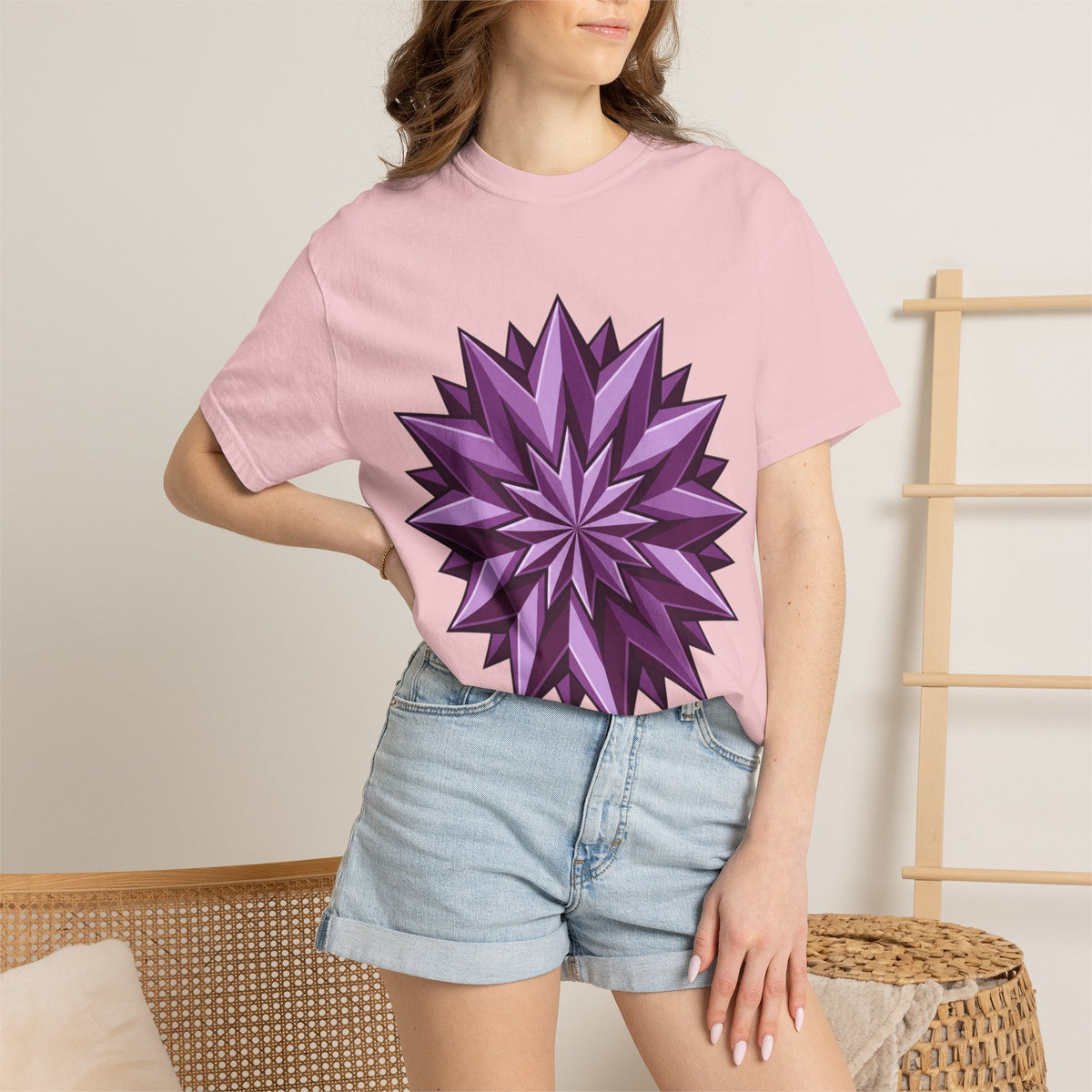 Purple Geometric Starburst T-Shirt — Bold 3D Floral Graphic Tee