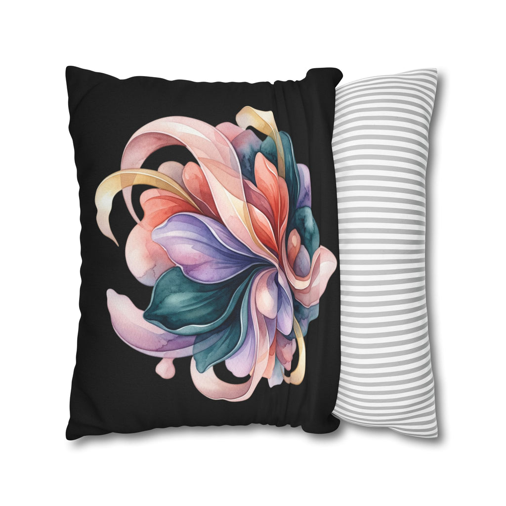 Abstract Floral Throw Pillowcase — Colorful Petal Swirl on Black