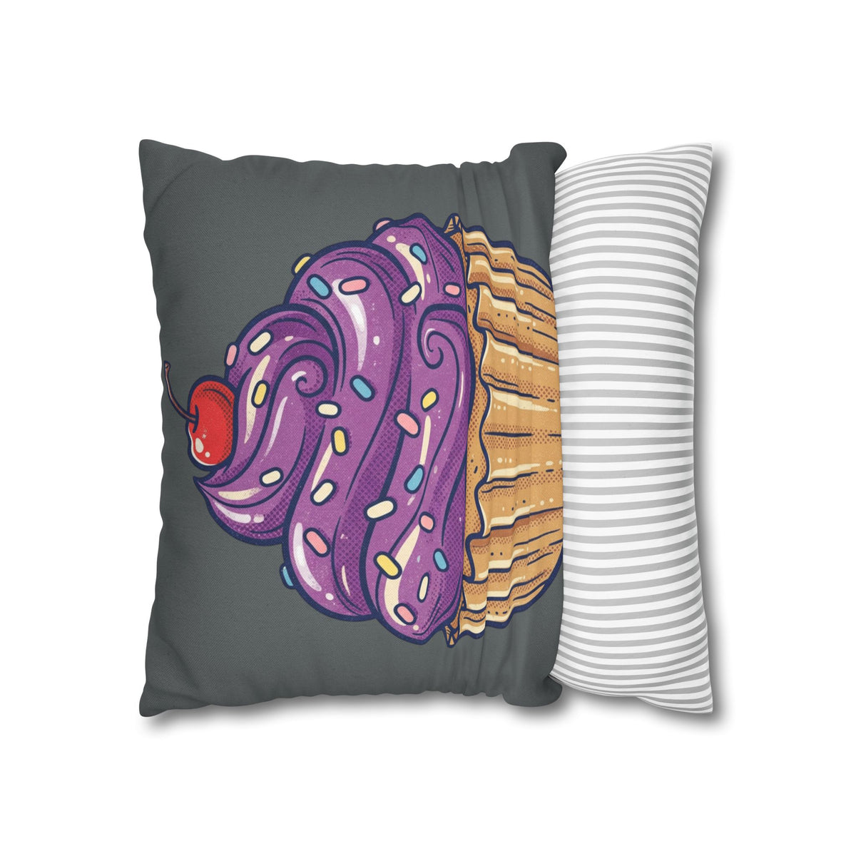 Cupcake Pillowcase — Whimsical Purple Frosting Decorative Throw Pillow- Dark Grey