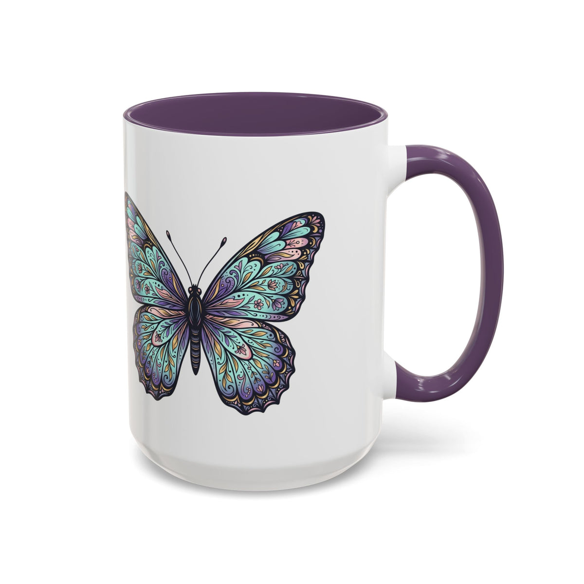 Butterfly Accent Coffee Mug — Teal Mandala Wing Design (11/15oz)