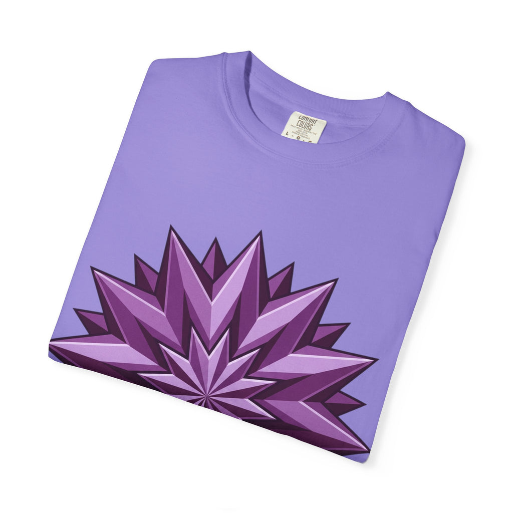 Purple Geometric Starburst T-Shirt — Bold 3D Floral Graphic Tee