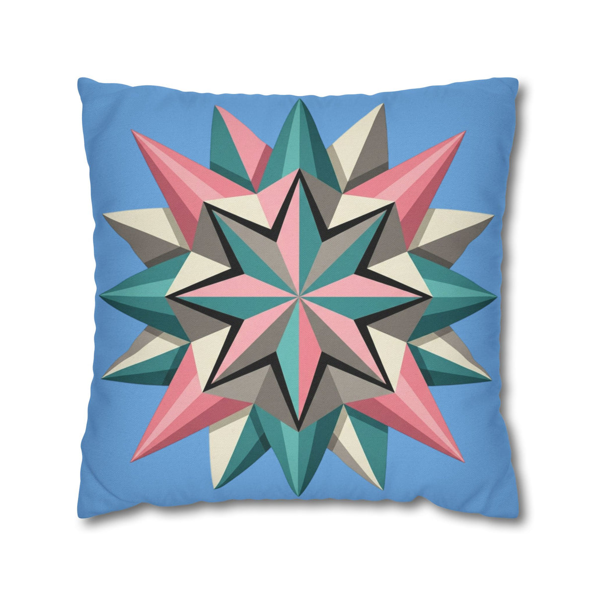 Geometric Starburst Throw Pillowcase – Pastel Compass Design on Sky Blue