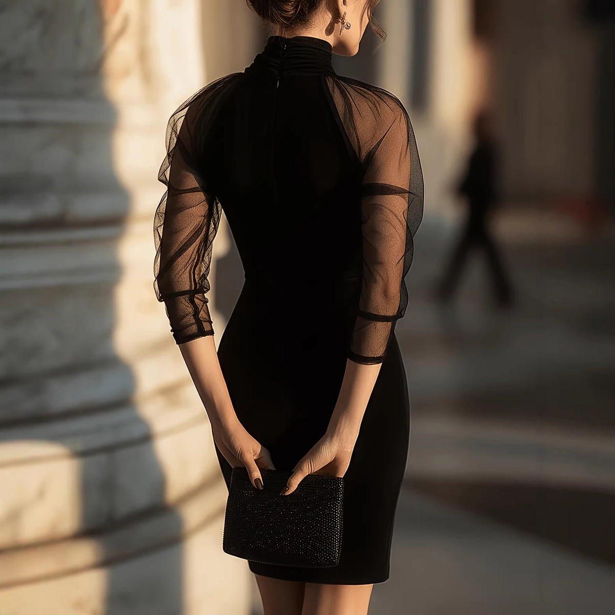 Elegant Long Sleeve Sheath Dress with High Neck and Mesh Overlay for Formal Evening Wear