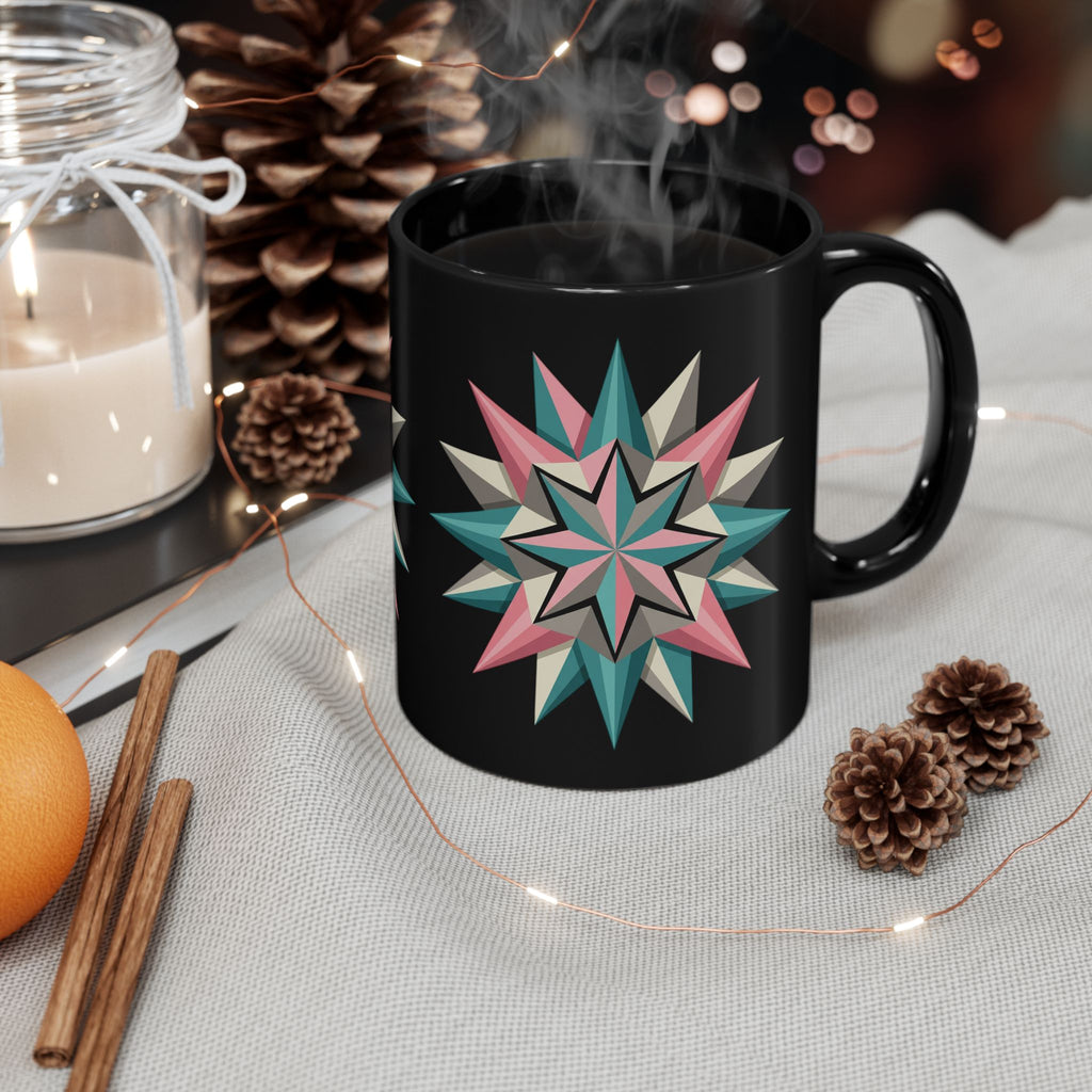 Geometric Starburst Black Coffee Mug — Retro Teal & Pink 11oz/15oz