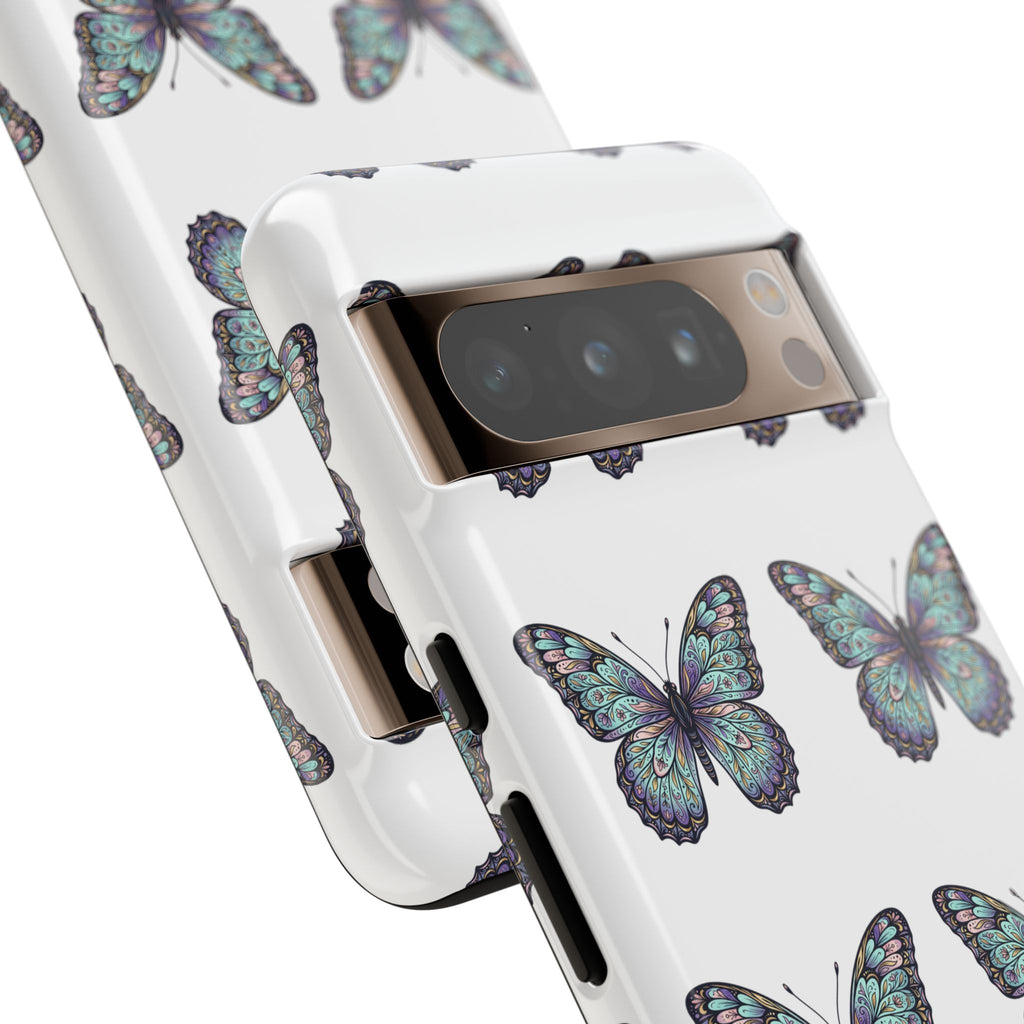 Butterfly Pattern Tough Phone Case — Vintage Teal Floral Protective Cover