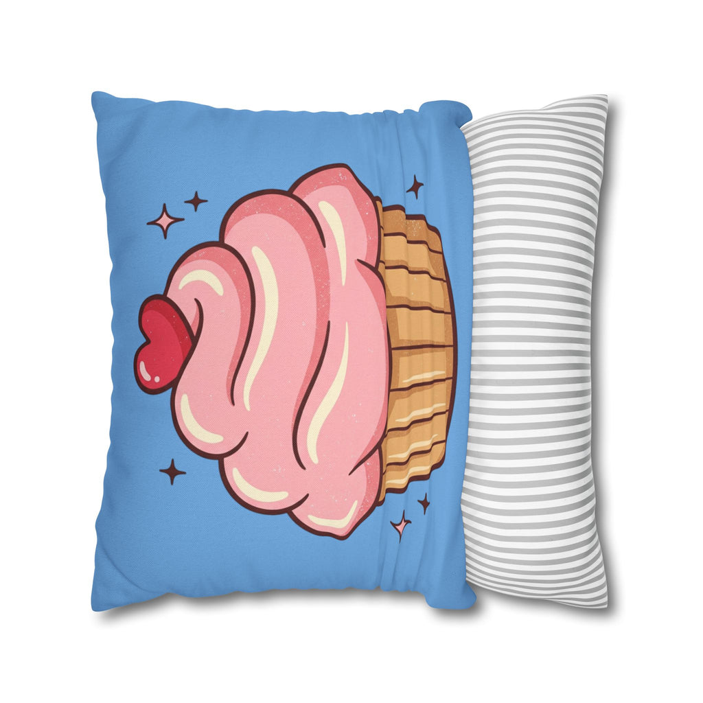 Pink Cupcake Spun Polyester Square Pillowcase- Light Blue