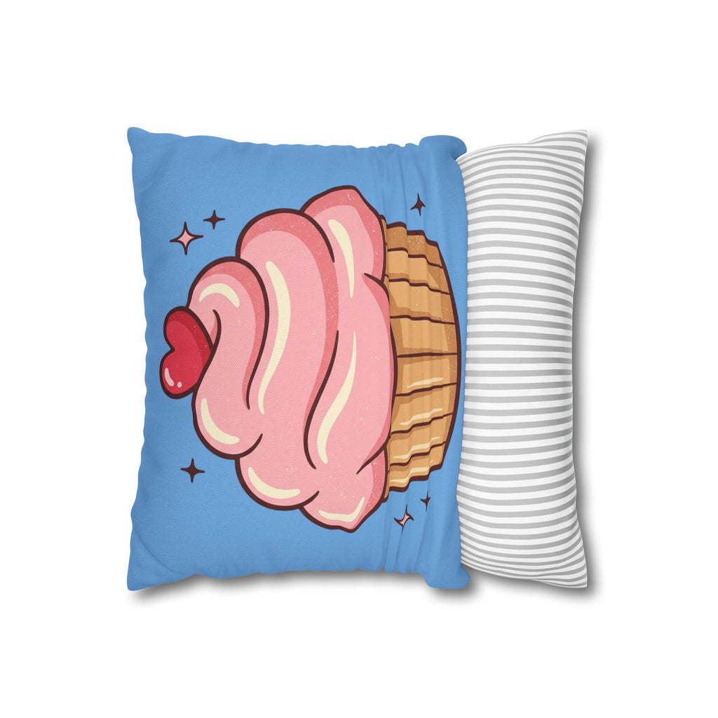 Pink Cupcake Spun Polyester Square Pillowcase- Light Blue