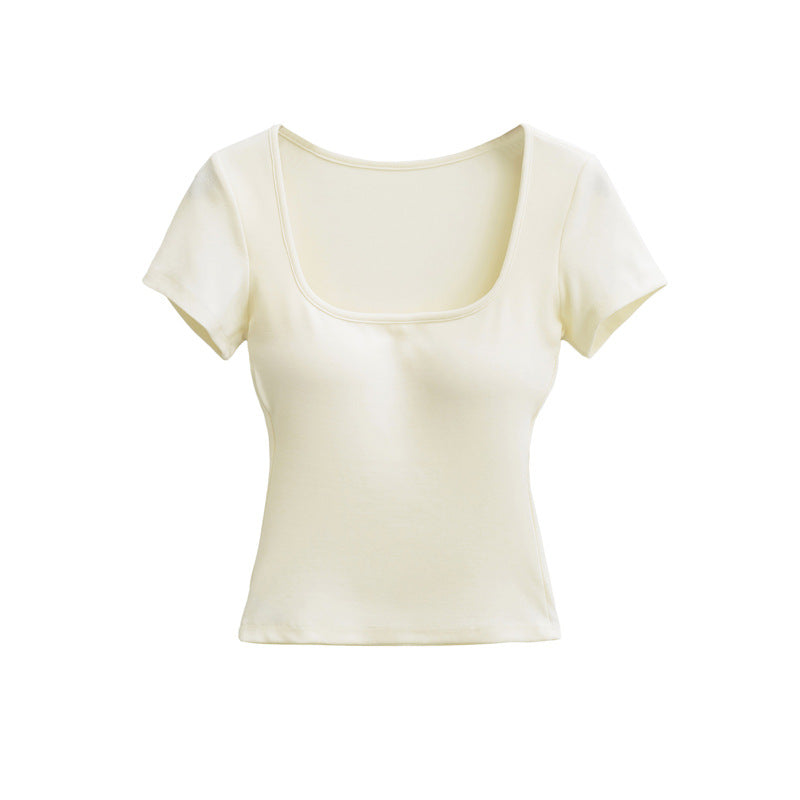 Slim Fit Round Neck Candy Color Short Sleeve T-Shirt with Padded Cups
