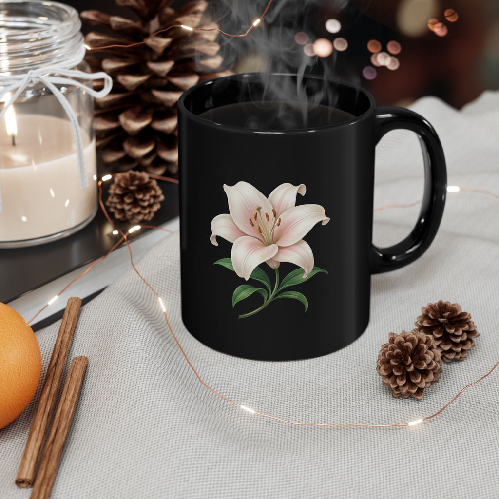 Black Floral Lily Mug — Elegant Pink Lily Coffee Cup (11oz & 15oz)