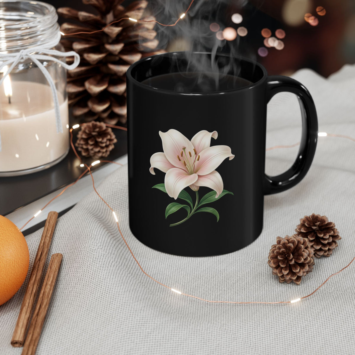 Black Floral Lily Mug — Elegant Pink Lily Coffee Cup (11oz & 15oz)