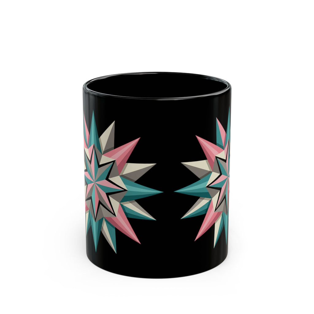 Geometric Starburst Black Coffee Mug — Retro Teal & Pink 11oz/15oz
