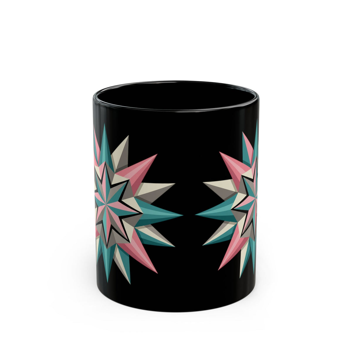 Geometric Starburst Black Coffee Mug — Retro Teal & Pink 11oz/15oz