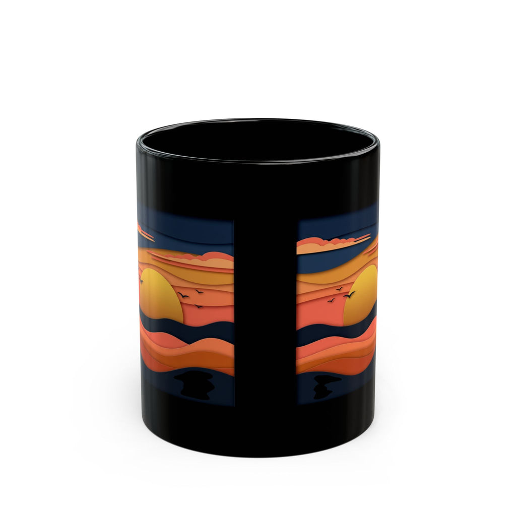 Sunset Waves Black Mug — Retro Ocean Sunrise Coffee Cup (11oz & 15oz)