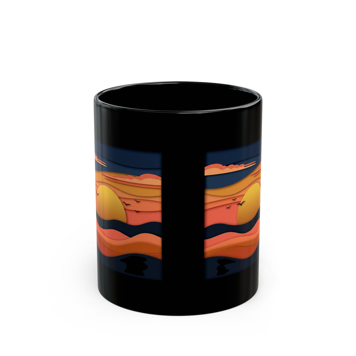 Sunset Waves Black Mug — Retro Ocean Sunrise Coffee Cup (11oz & 15oz)