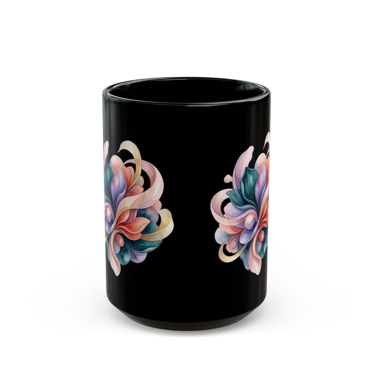 Floral Heart Black Mug — Colorful Watercolor Bouquet Coffee Cup (11oz & 15oz)