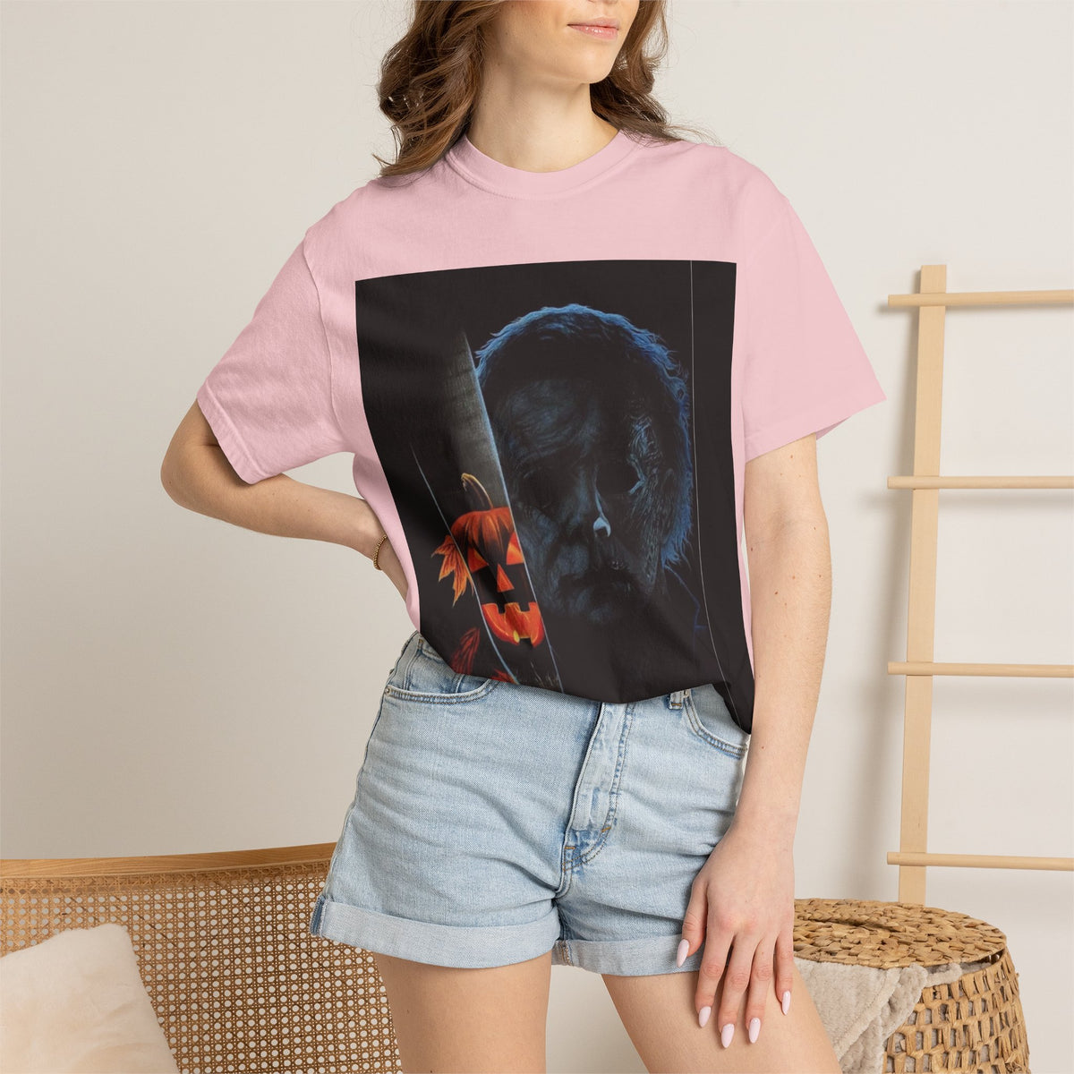 T-Shirt — Halloween Split-Face Pumpkin & Michael Myers Horror Graphic