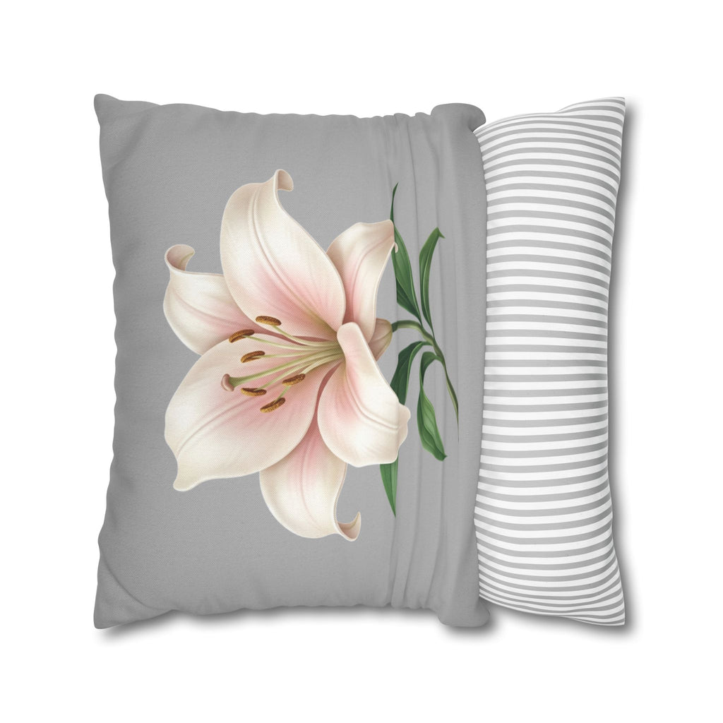 Floral Lily Throw Pillowcase — Pink Lily on Gray Decorative Cushion Cover