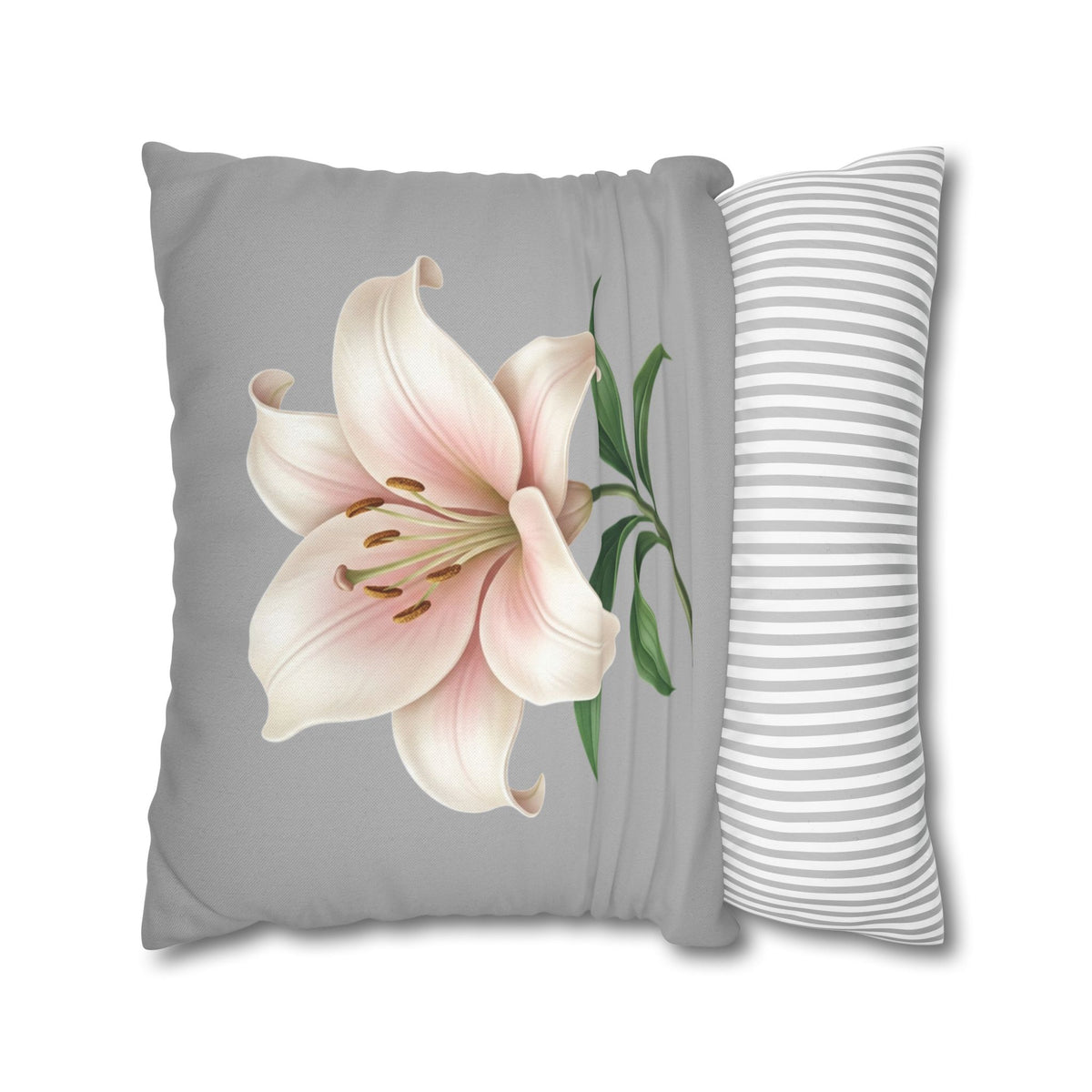 Floral Lily Throw Pillowcase — Pink Lily on Gray Decorative Cushion Cover