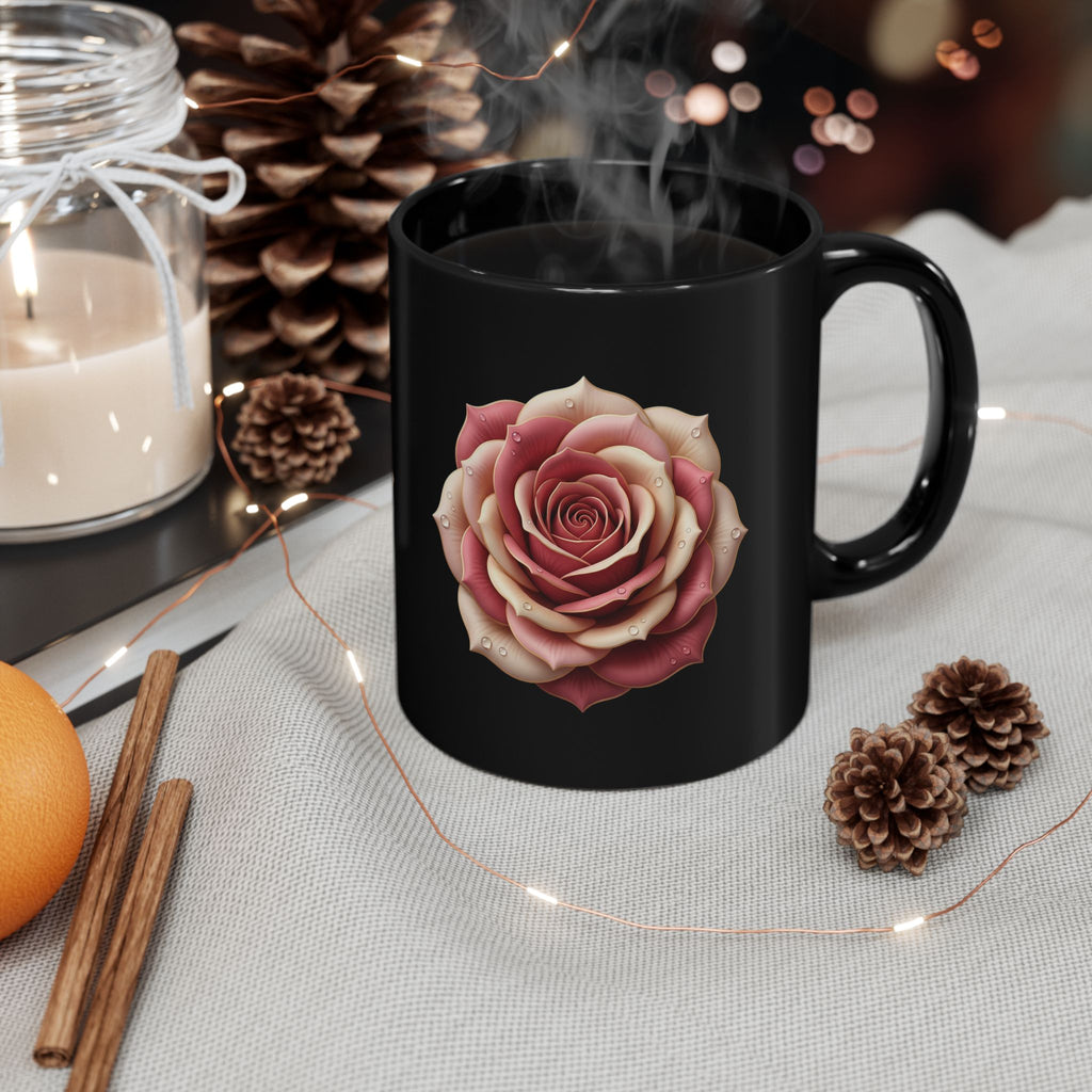 Black Rose Mug — Elegant Pink Rose on Black Ceramic (11oz & 15oz)