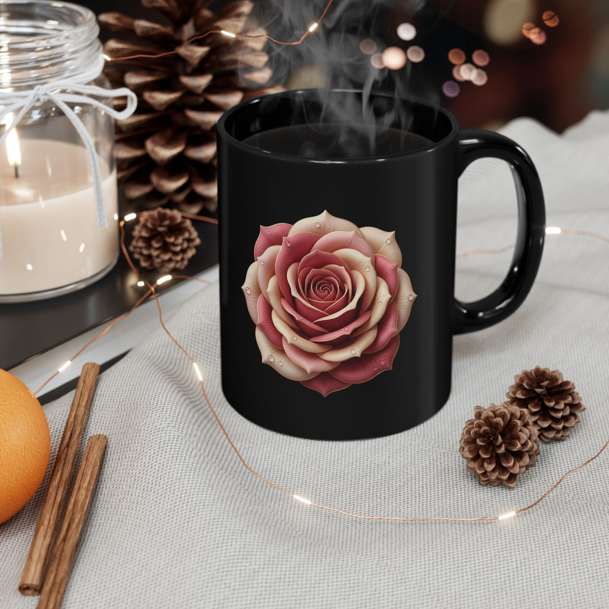 Black Rose Mug — Elegant Pink Rose on Black Ceramic (11oz & 15oz)