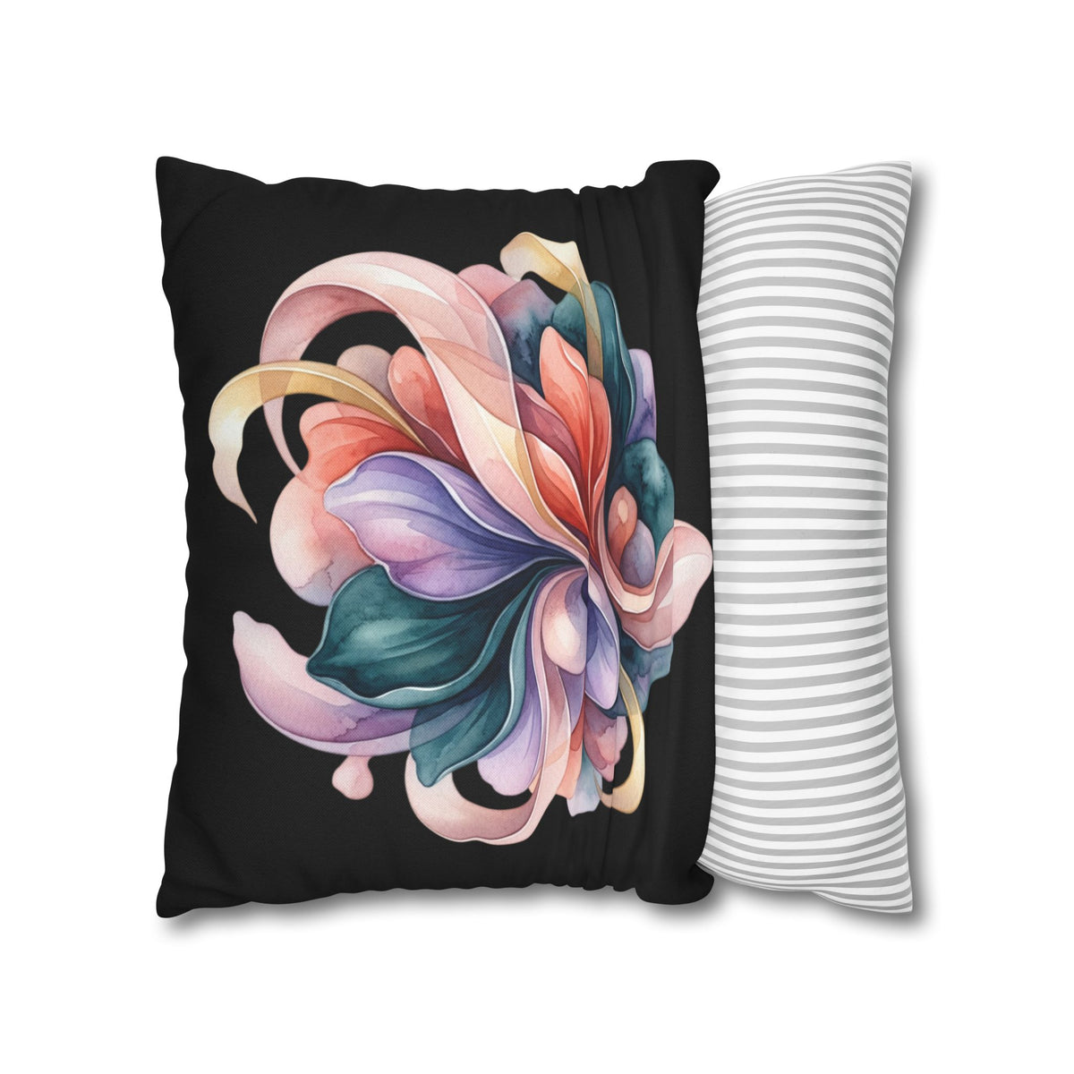 Abstract Floral Throw Pillowcase — Colorful Petal Swirl on Black
