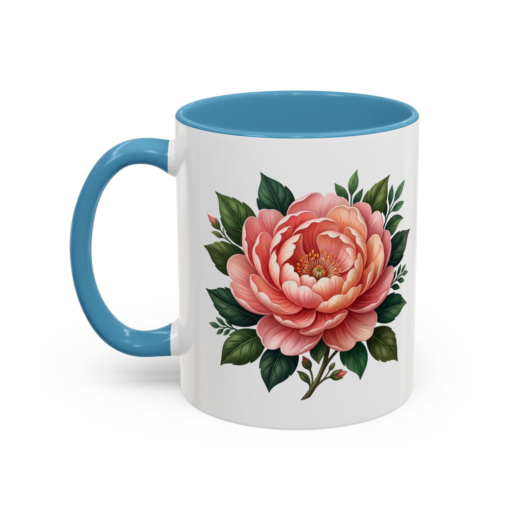 Floral Peony Accent Coffee Mug — Pink Rose Bloom Ceramic Cup
