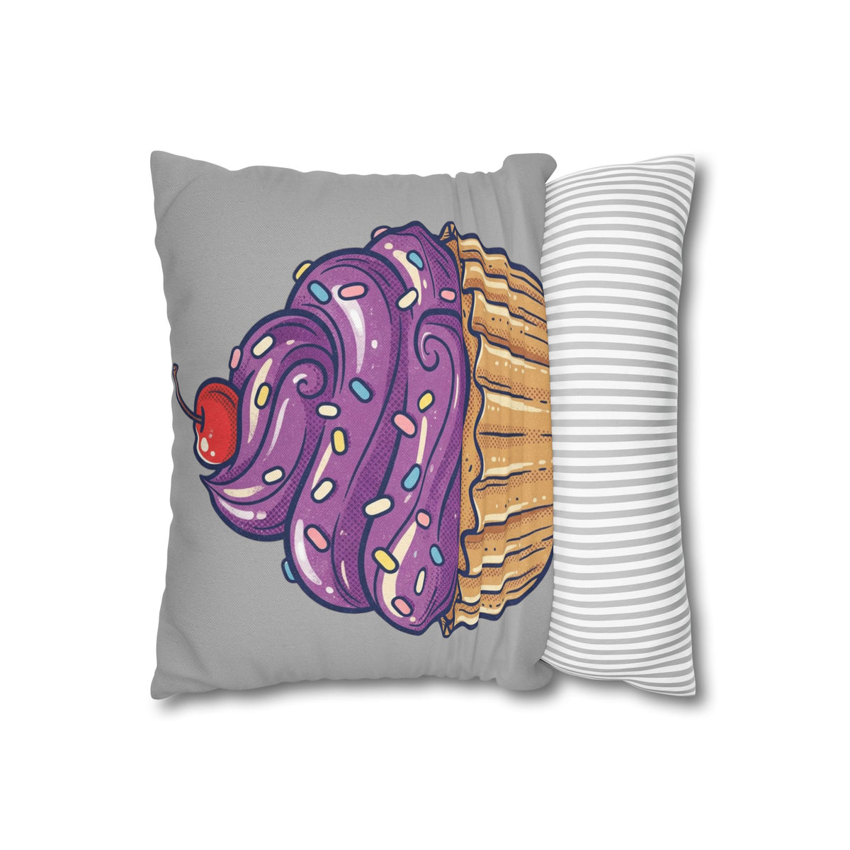Cupcake Cushion Cover — Purple Frosting Dessert Pillowcase- Light Grey
