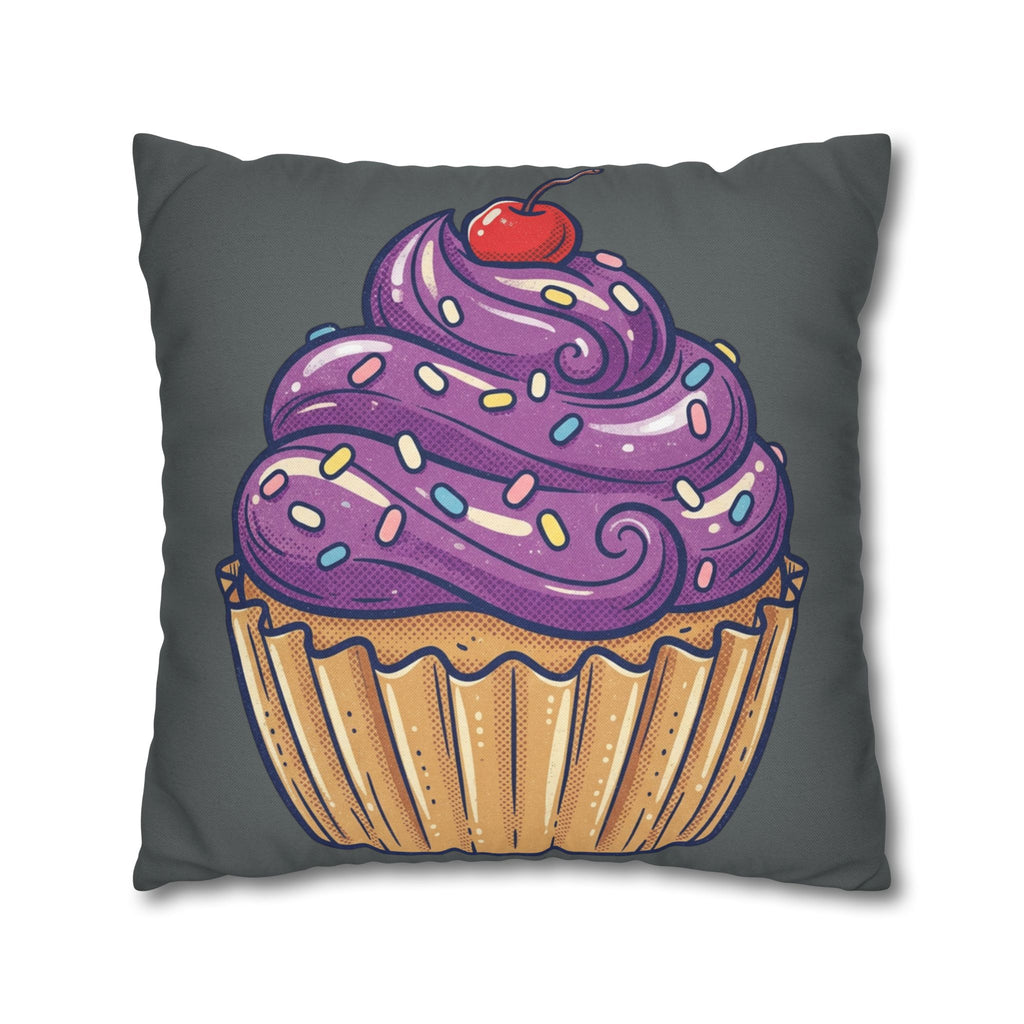 Cupcake Pillowcase — Whimsical Purple Frosting Decorative Throw Pillow- Dark Grey