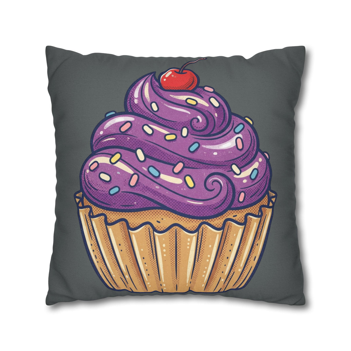 Cupcake Pillowcase — Whimsical Purple Frosting Decorative Throw Pillow- Dark Grey