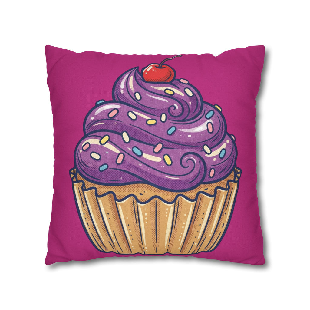 Cupcake Illustration Pillowcase - Purple Frosting Decorative Throw Pillow Cover- Magenta