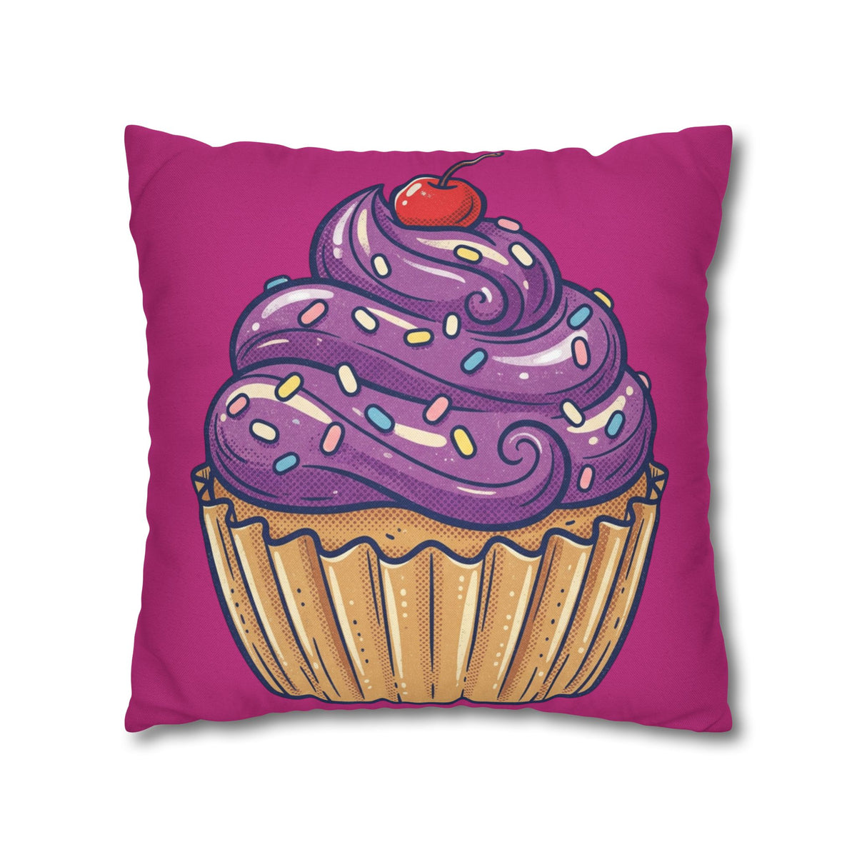 Cupcake Illustration Pillowcase - Purple Frosting Decorative Throw Pillow Cover- Magenta