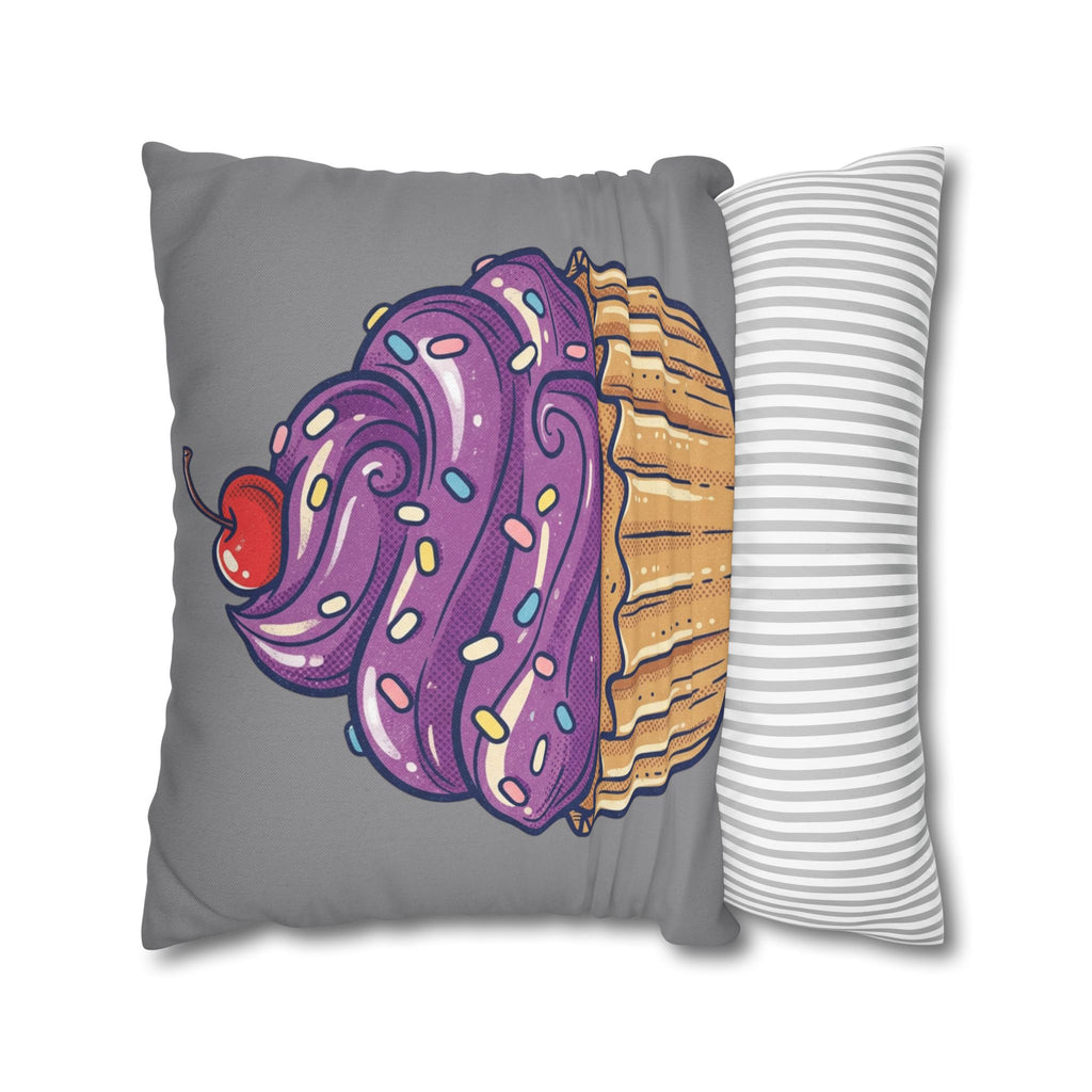 Cupcake Pillowcase — Whimsical Purple Frosting Decorative Throw Pillow- Grey