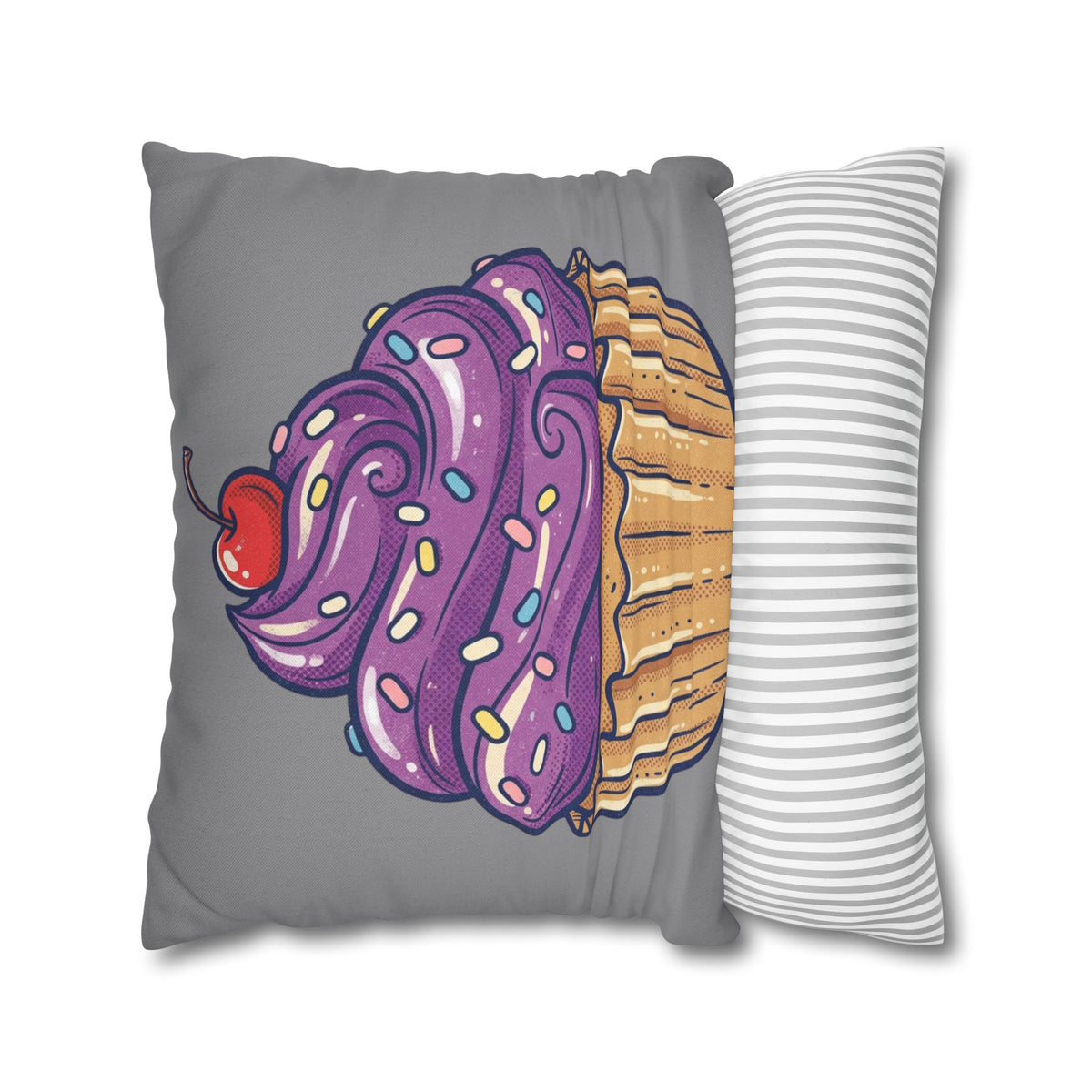 Cupcake Pillowcase — Whimsical Purple Frosting Decorative Throw Pillow- Grey