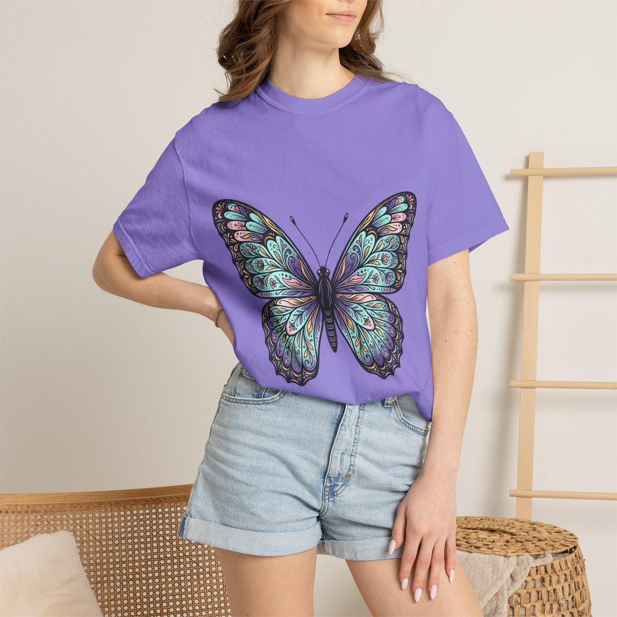 Butterfly Art T‑Shirt — Blue Purple Ornamental Butterfly Graphic Tee