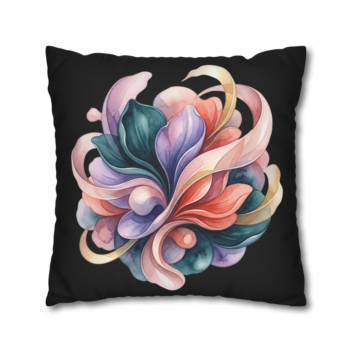 Abstract Floral Throw Pillowcase — Colorful Petal Swirl on Black