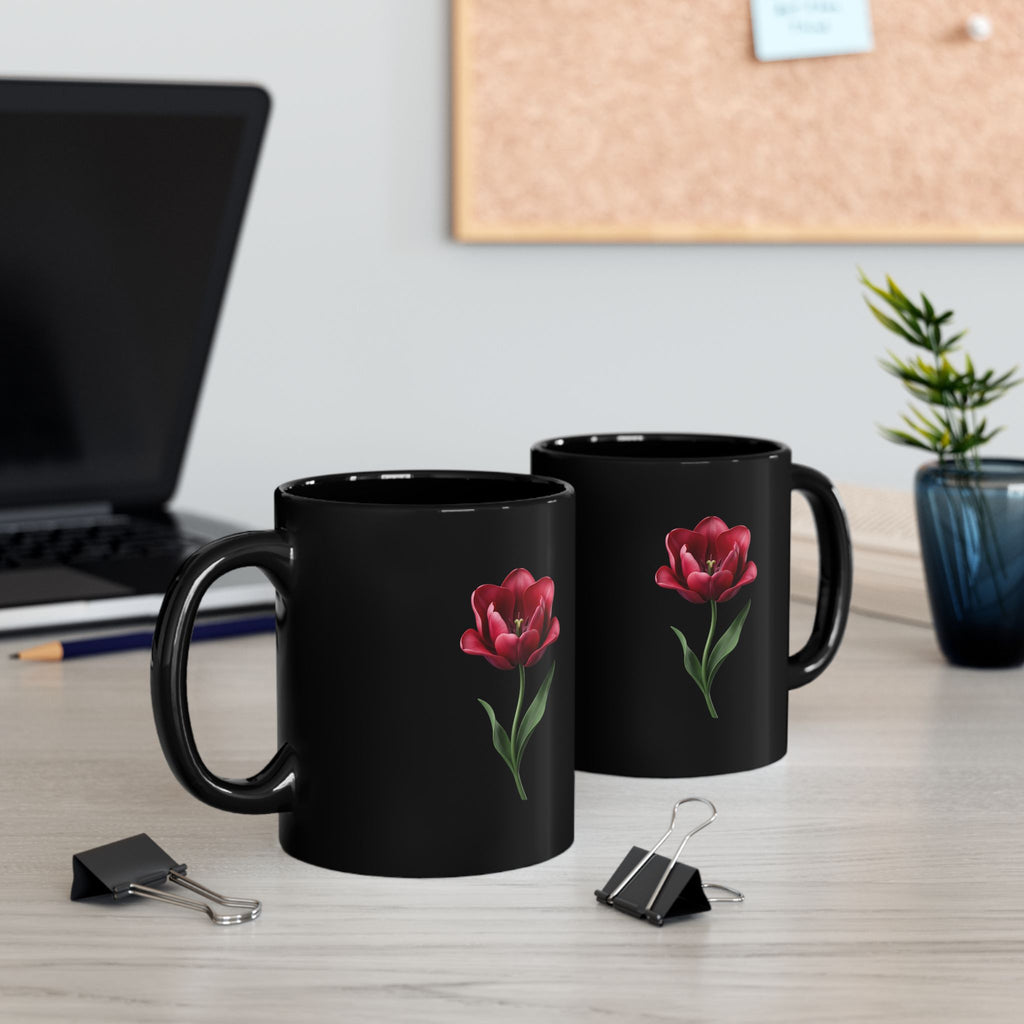 Black Floral Mug — Red Tulip Ceramic Coffee Cup (11oz & 15oz)