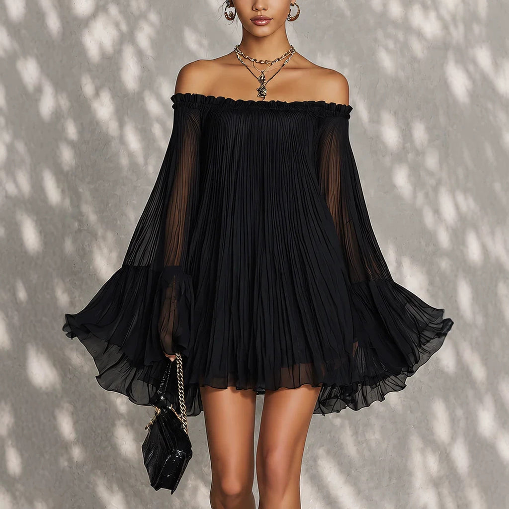 Elegant Black Off-Shoulder Backless Pleated Lantern Sleeve Mini Dress