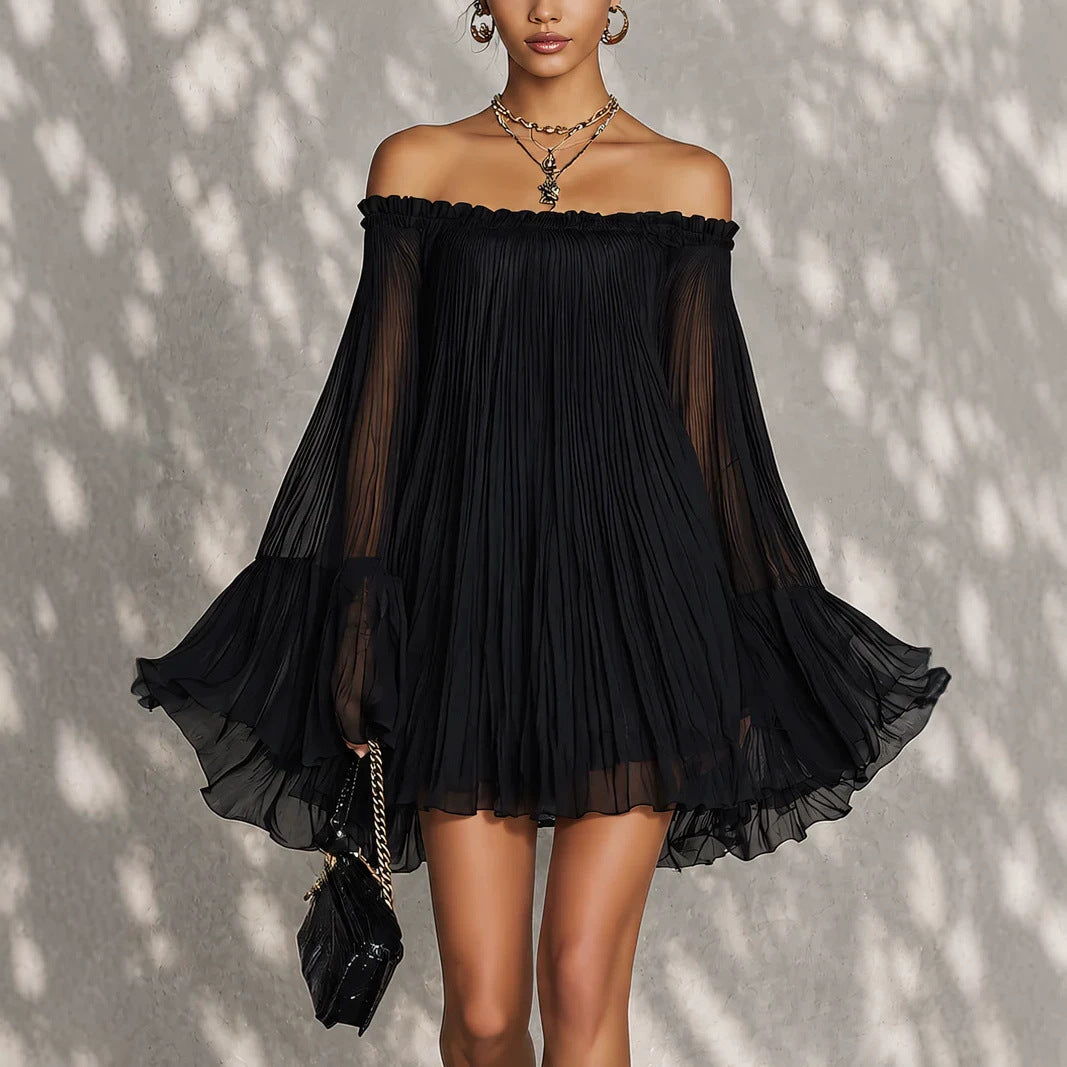 Elegant Black Off-Shoulder Backless Pleated Lantern Sleeve Mini Dress