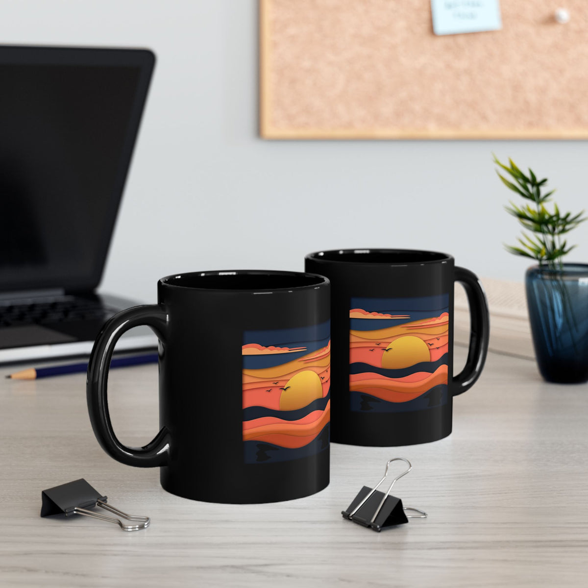 Sunset Waves Black Mug — Retro Ocean Sunrise Coffee Cup (11oz & 15oz)