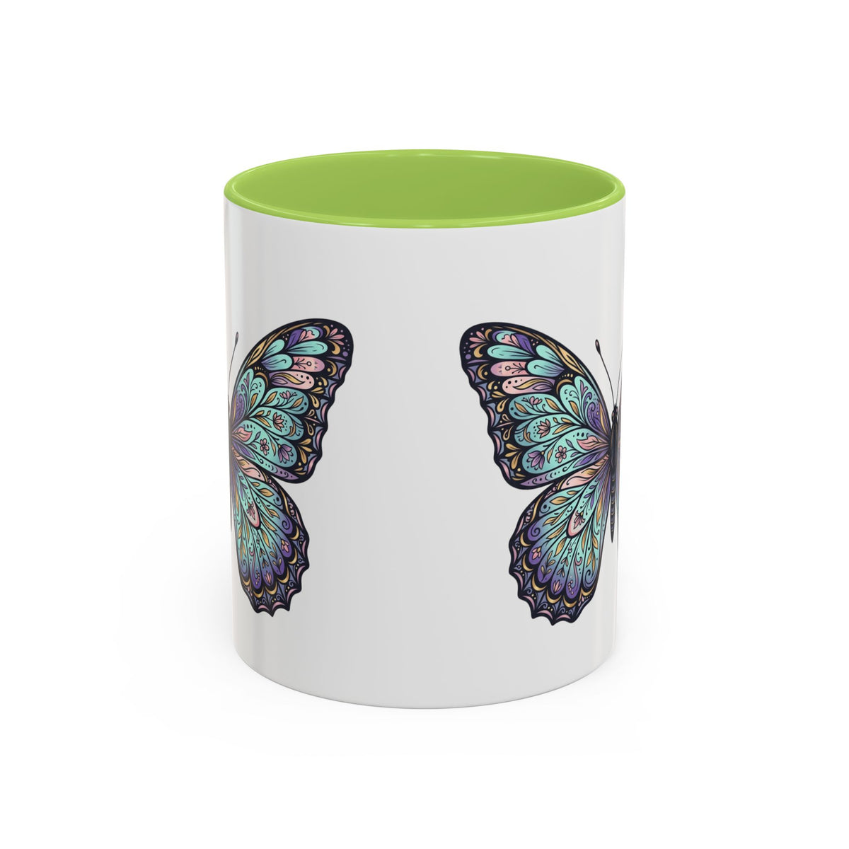 Butterfly Accent Coffee Mug — Teal Mandala Wing Design (11/15oz)