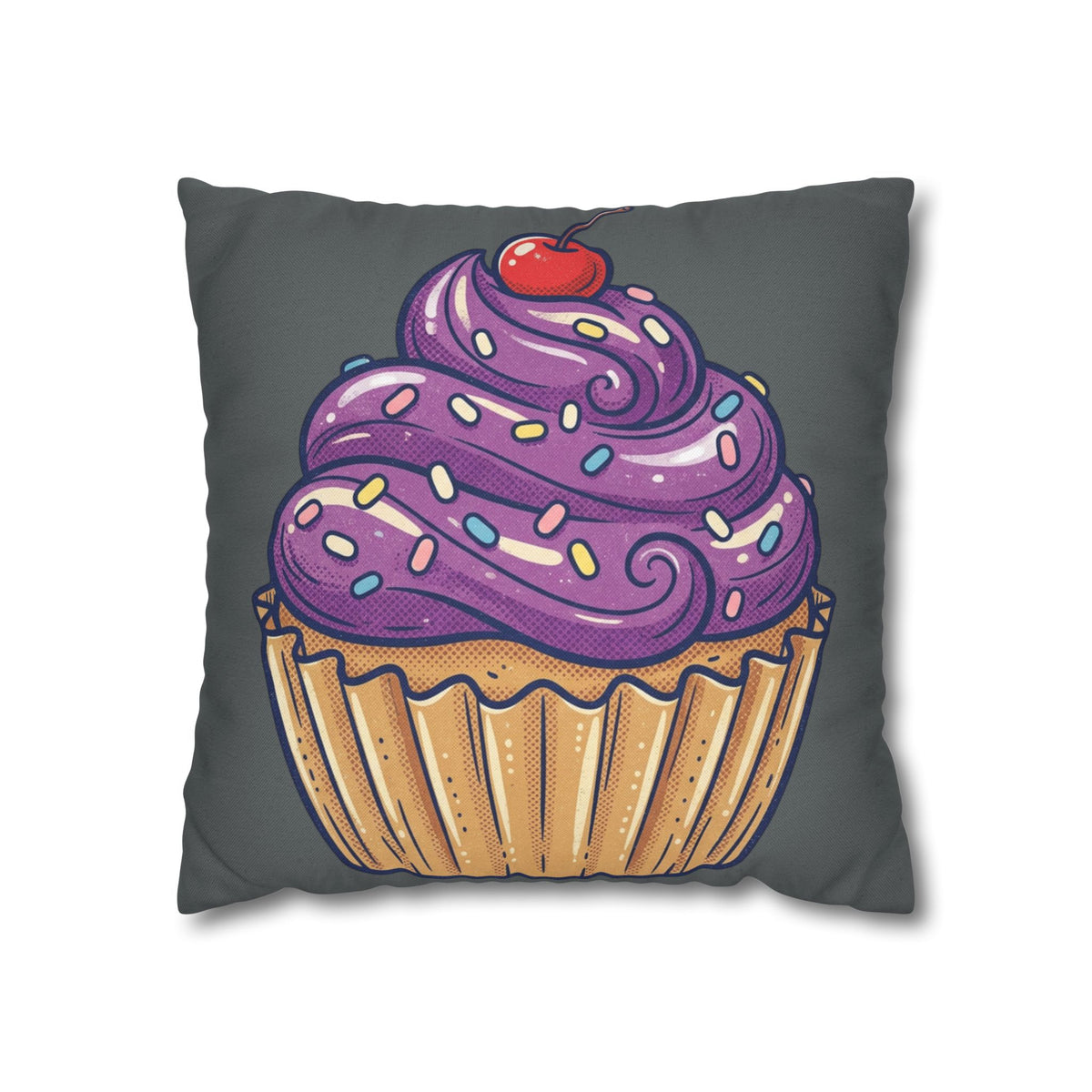 Cupcake Pillowcase — Whimsical Purple Frosting Decorative Throw Pillow- Dark Grey