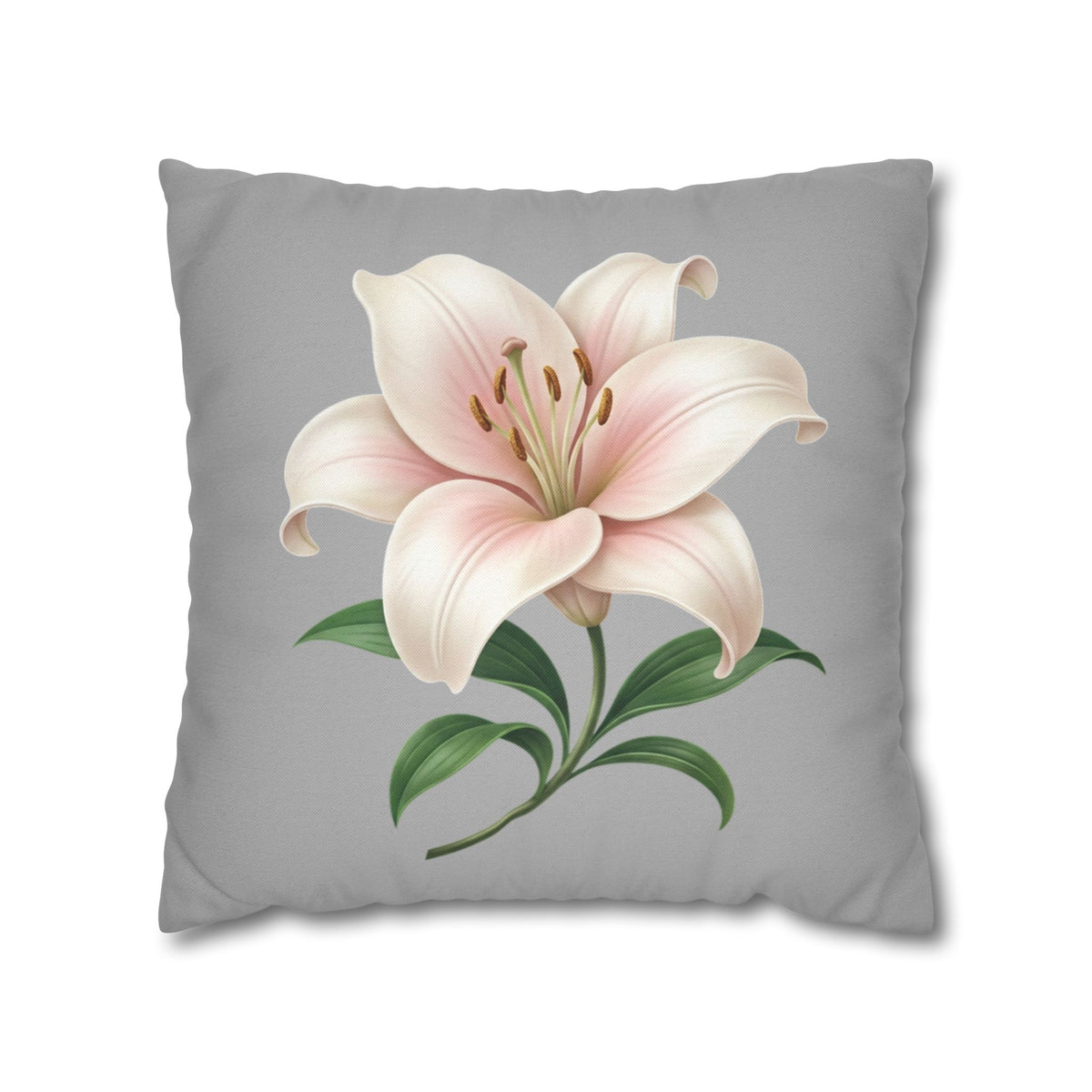 Floral Lily Throw Pillowcase — Pink Lily on Gray Decorative Cushion Cover