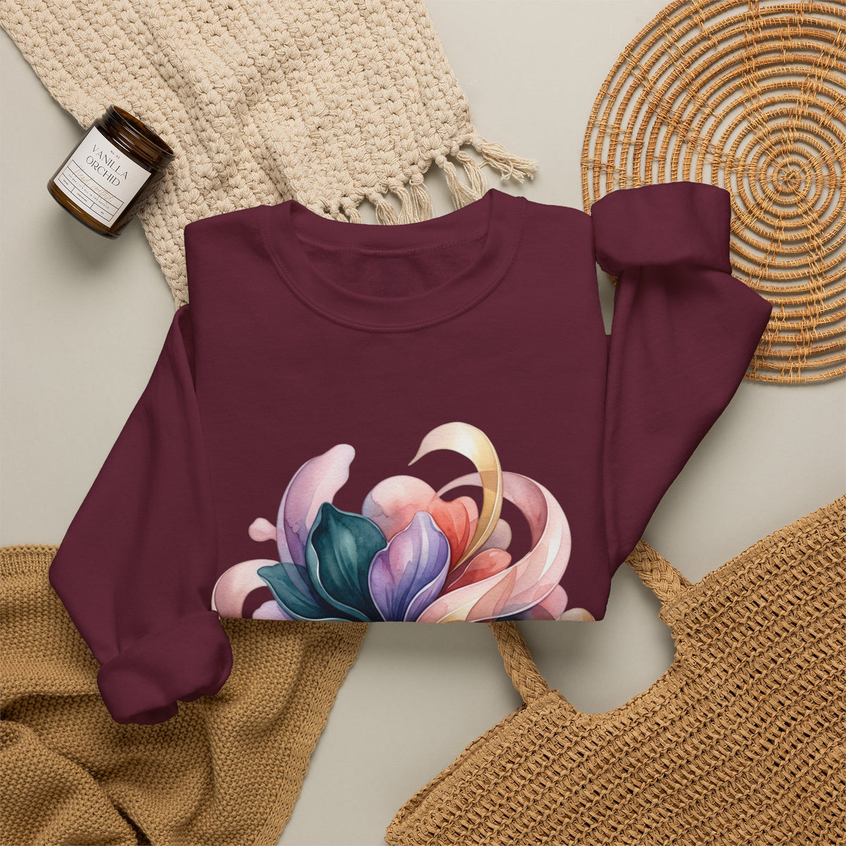 Abstract Floral Crewneck Sweatshirt — Pastel Swirl Art Pullover