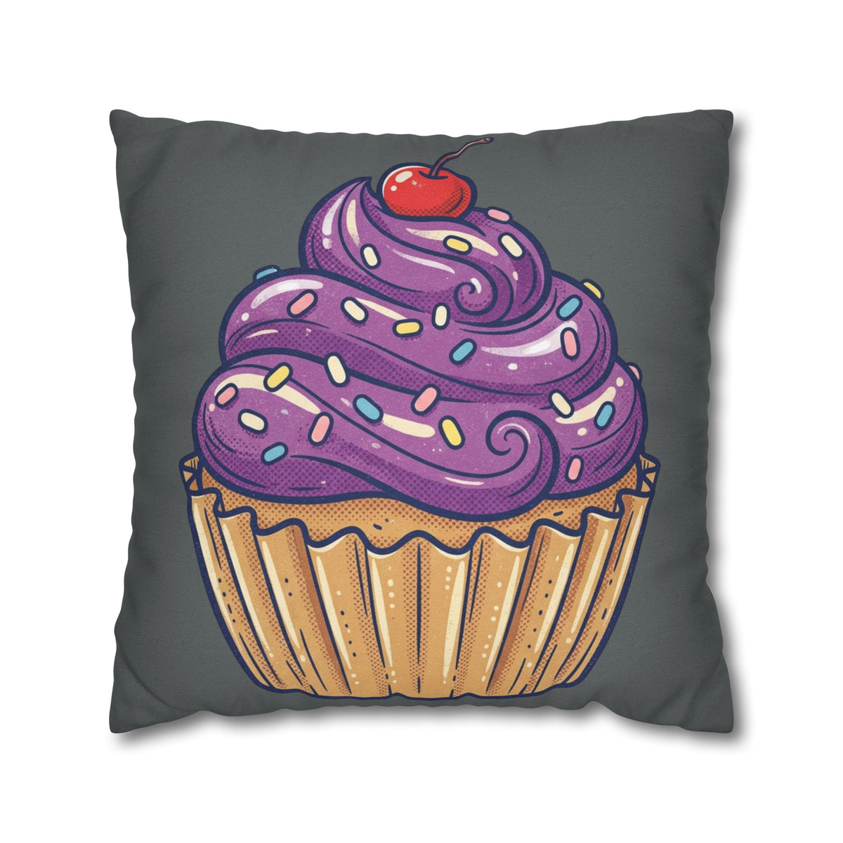 Cupcake Pillowcase — Whimsical Purple Frosting Decorative Throw Pillow- Dark Grey