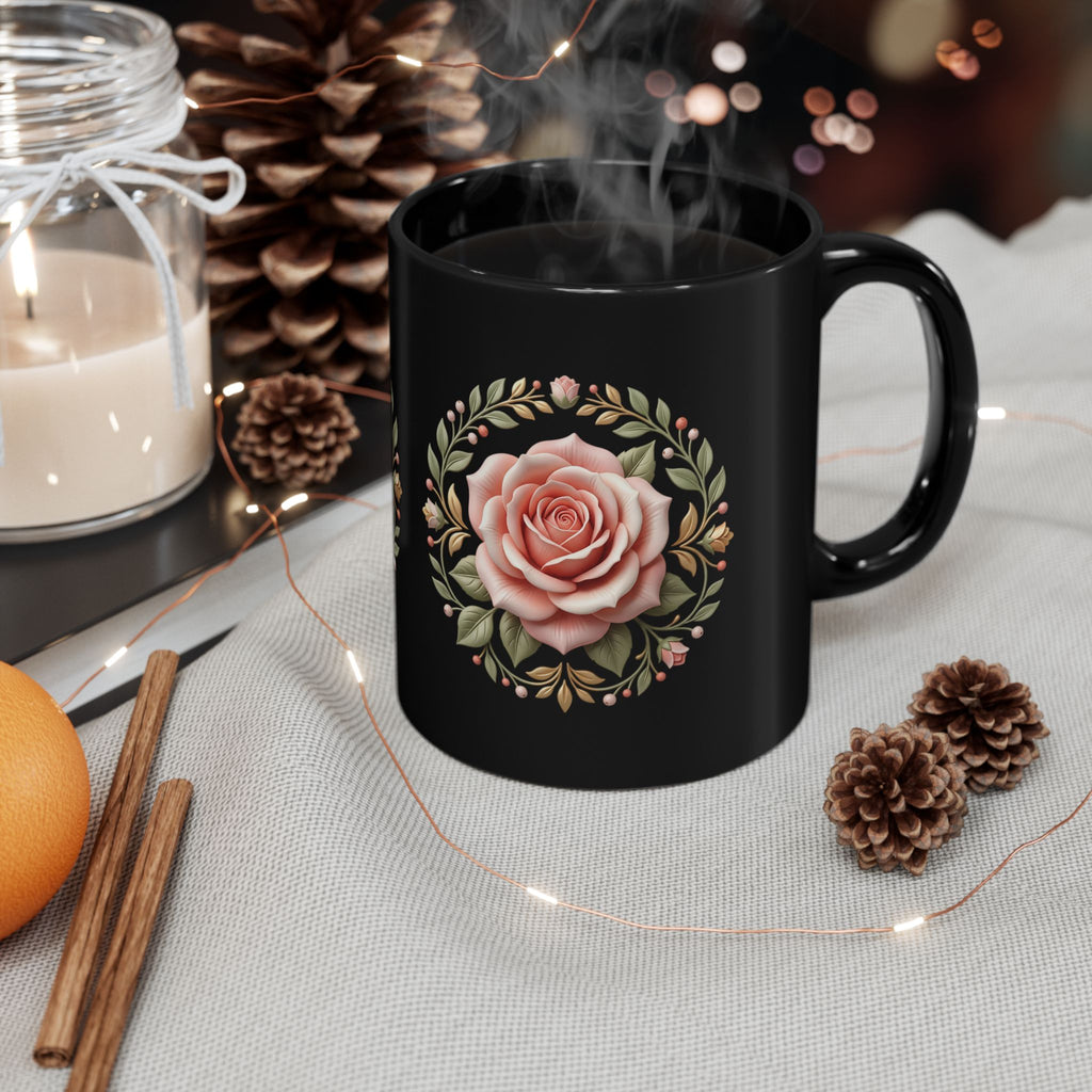 Black Rose Ceramic Mug — Elegant Pink Floral Coffee Cup (11oz & 15oz)