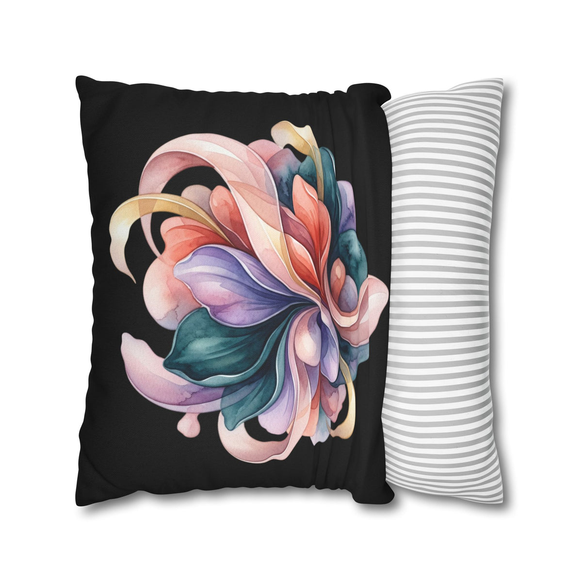Abstract Floral Throw Pillowcase — Colorful Petal Swirl on Black