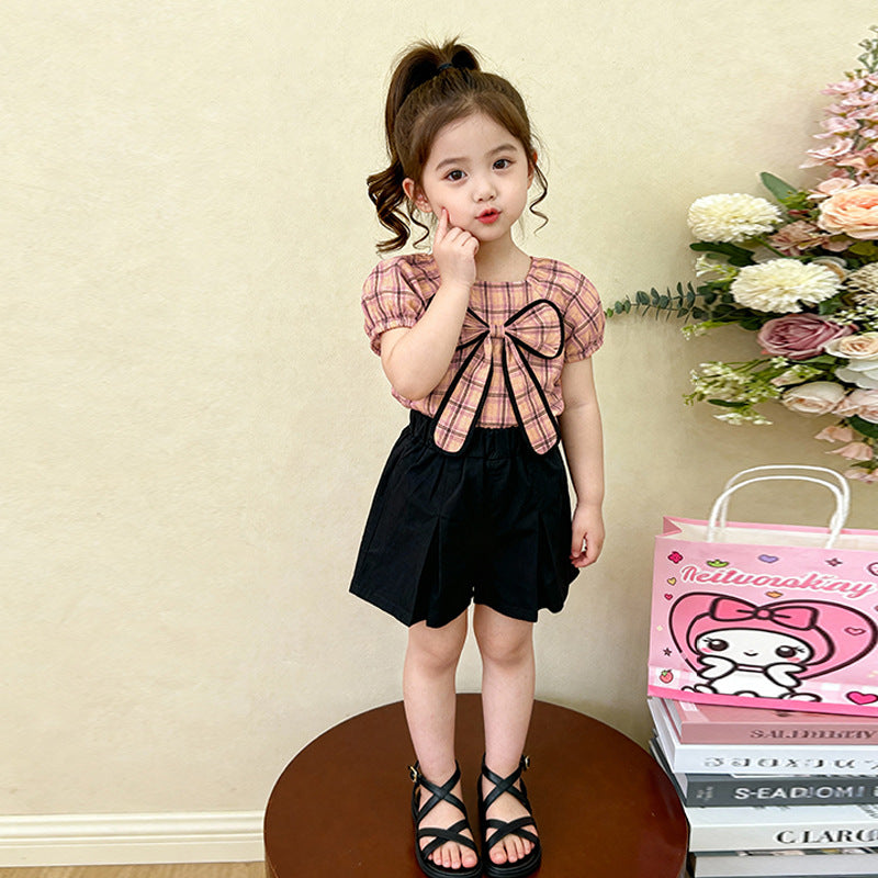 Cute plaid short sleeved shorts two-piece set